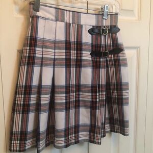 Vintage Plaid Pleated Circle Skirt with Buckle Detail - Cream, Black & Red